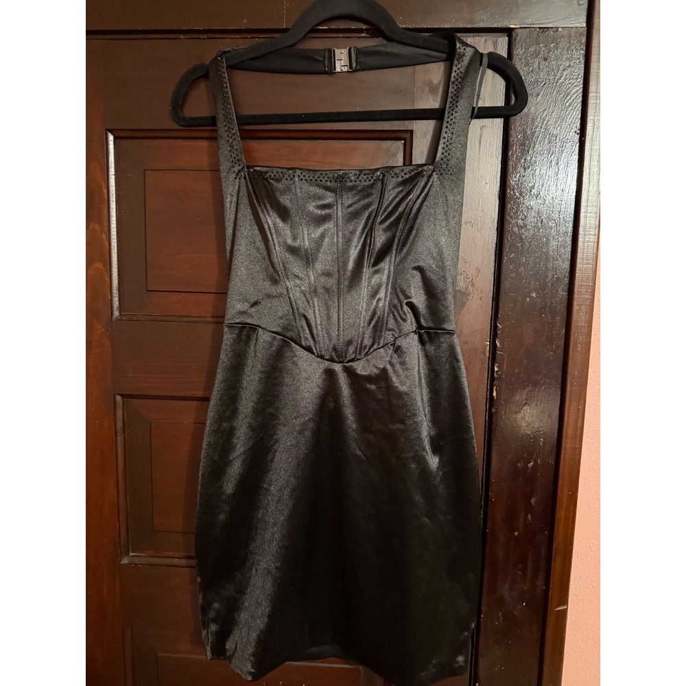 Windsor Black Satin Corset Mini Dress Rhinestone Accents Size M KPD0633